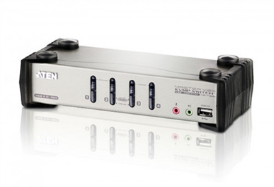 Aten CS1734B-AT-G Características- Switch KVM de 4 puertas con soporte USB 2.0 y audio surround 2.1- Una consola controla dos computadores y dos dispositivos USB adicionales- Hub USB 2.0 de 2 puertas incorporado- USB 2.0 compatible- Interfaz dual, soporta computadores con teclado y mouse PS/2 o USB- Soporta audio, provee una rica experiencia auditiva con sistemas de audio surround 2.1- Puertas de audio de consola en el panel frontal, ideal para usuarios de teléfonos IP- Soporta teclados y mouse PS/2 y USB- Configuraciones flexibles soportadas, USDB a PS/2, Teclado y Mouse PS/2, Teclado y Mouse USB o Teclado PS//2 y Mouse USB.- Conexión independiente para manejar separadamente el foco KVM, USB y Audio- Calidad de video superior, 2048 x 1536; DDC2B- Soporta resoluciones de pantalla ancha- Selección de computadores via panel frontal, OSD y mouse- Soporte multiplataforma, Windows , Mac, y Sun- Emulación de mouse en la consola, característica de bypass soporta mouses multifunción- Video DynaSync™, EDID (Extended Display Identification Data) para optimizer la resolución de video- Emulación total de teclado para evitar errores de inicio- Soporta emulación de teclado Sun/Mac*- Modo autoscan para para monitorear los computadores- Display Led para un fácil monitoreo- Facil instalación, no requiere software- Firmware actualizable*1. Teclado de PC emula teclados Sun/Mac*2. Teclados Sun/Mac solo trabajan en computadores Sun/MacContenido del Embalaje- 1x Switch KVMP™ de 4 Puertas USB 2.0 con OSD- 2x Cables de KVM USB- 1x Adaptador USB a PS/2- 2x Adhesivos indicadores OSD- 1x Cable de Actualizacion de Firmware- 1x Adaptador de Poder- 1x Manual de Usuario- 1x Guía Rápida de Instalación