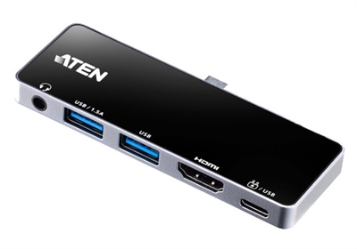 Aten UH3238-AT Diseñada y concebida como una solución de conectividad portátil y versátil, la docking station USB-C UH3238 con pasarela de alimentación contiene 5 puertos imprescindibles (un puerto de audio, dos puertos USB tipo A, un puerto HDMI y un puerto USB-C de entrada de corriente) para proporcionar conectividad y alimentación a los usuarios que viajan y requieren escenarios de oficina móviles. La interfaz compatible con Thunderbolt™ 3 y USB 3.2 de primera generación garantiza una velocidad superior de transmisión de datos de hasta 5 Gbps. Gracias a su compatibilidad con HDMI de hasta 4K (3840 x 2160 a 60 Hz), el dispositivo permite a los usuarios realizar varias tareas de forma simultánea con una resolución UHD asombrosamente realista. La docking station UH3238 cuenta con un diseño Plug and Play y es compatible con los principales sistemas operativos (Windows®, macOS X, iPadOS y Android). Con un peso de tan solo 44 g, es una solución de transmisión de datos y energía compacta pero potente, ideal para cualquier entorno de estaciones de trabajo móviles.