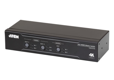 Aten VM0202HB-AT-G El VM0202HB es un switch de matriz HDMI 4K real 2 x 2 con desincrustador de audio. El VM0202HB ofrece una forma fácil y asequible de enrutar el audio y el vídeo HDMI de alta definición 4K real. Al admitir resoluciones de vídeo de hasta 4096 x 2160 a 60 Hz (4:4:4), HDR, desincrustador de audio y velocidades de datos de hasta 18 Gbps, el VM0202HB ofrece un robusto enrutamiento de señal y una rápida conmutación de audio/vídeo digital que resulta ideal para la mayoría de aplicaciones de AV.1x switch de matriz HDMI 4K real 2 x 2 VM0202HB con desincrustador de audio1x JCNT-3301-103G bloque de terminales de 3 polos1x 0AD8-1005-26M1 adaptador de corriente1x 2XRT-0106G mando a distancia por infrarrojos1x 2XRT-0003G receptor de infrarrojos1x kit de montaje en bastidor1x manual de instrucciones