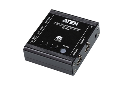 Aten VS381B-AT El switch HDMI 4K real de 3 puertos VS381B con conmutación automática le permite conmutar entre 3 fuentes de entrada HDMI a single display HDMI. Admite resoluciones de vídeo hasta 4K real (4096 x 2160 a 60 Hz 4:4:4), velocidades de datos de hasta 18 Gbps, HDR, 3D, Color profundo y formatos de audio HD sin pérdidas. Además, el VS381B ofrece métodos de conmutación entre fuentes HDMI mediante los pulsadores del panel frontal y el mando a distancia por infrarrojos, lo que permite a los usuarios seleccionar fácilmente la entrada deseada.