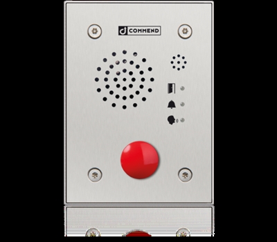 Commend Y-IB-AP962HTP-S Estación de llamada de emergencia antivandálica con botón de llamada de emergencia (tipo seta). Micrófono electret; amplificador de clase “D” de 2,5 W; dos altavoces de 8 O; fuente de alimentación externa o PoE (IEEE 802.3af); 1 entrada para contactos libres de potencial y 1 salida de relé. Micrófono electret; amplificador de clase “D” de 2,5 W; dos altavoces de 8 O; fuente de alimentación externa o PoE (IEEE 802.3af); 1 entrada para contactos libres de potencial y 1 salida de relé. Diseño antivandálico.Protegido contra inserciones y provisto de tornillos de seguridad especiales.Placa frontal fabricada en acero V-2A de 3 mm.Botón de emergencia tipo seta o de acero de gran calidad con comprobación permanente de funcionamiento (Contacto NC). OpenDuplex® e IVC para una comunicación manos libres natural con alto volumen..Calidad de voz de 16 kHz eHD (Voz 7 kHz HD para comunicaciones mediante SIP).LED indicadores y pictogramas para Llamada solicitada, Llamada establecida y abrepuertas activo.