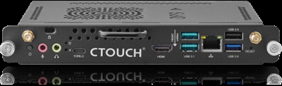 Ctouch 10052038 CTOUCH OPS. Frecuencia del procesador: 2,1 GHz, Fabricante de procesador: Intel, Modelo del procesador: i3-8145U. Memoria interna: 8 GB, Tipo de memoria interna: DDR4-SDRAM, Velocidad de memoria del reloj: 2133 MHz. Capacidad total de almacenaje: 128 GB, Unidad de almacenamiento: SSD, Factor de forma de disco SSD: M.2. Modelo de adaptador gráfico incorporado: Intel® HD Graphics 620. Color del producto: Negro