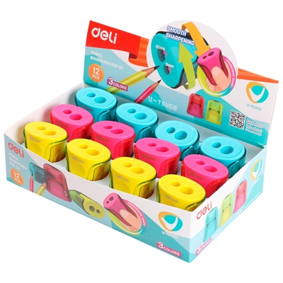 Deli ER01100 Sacapuntas Doble U-Touch Deli. Afila Li¿½Pices Esti¿½Ndar I¿½ 8 Mm Y I¿½ 12 Mm. Fabricado En Plastico Translucido Con Deposito. Color Surtido Aleatorio.