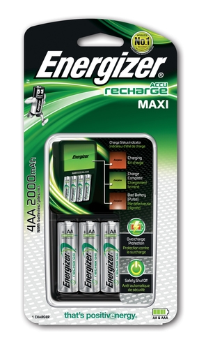 Energizer E300321201 Energizer Maxi Charger. Alimentación: Corriente alterna, Tecnología de baterías compatibles: Níquel-metal hidruro (NiMH), Tamaño de baterías compatibles: AA, AAA. Color del producto: Negro, Indicadores LED: Carga. Tipo: Cargador de baterías para interior. Voltaje de entrada: 100 - 240 V, Frecuencia de entrada: 50/60 Hz, Capacidad de la batería (mín.): 0,5 Ah. Tecnología de batería: Níquel-metal hidruro (NiMH), Capacidad de batería: 2000 mAh, Número de baterías incluidas: 4 pieza(s)