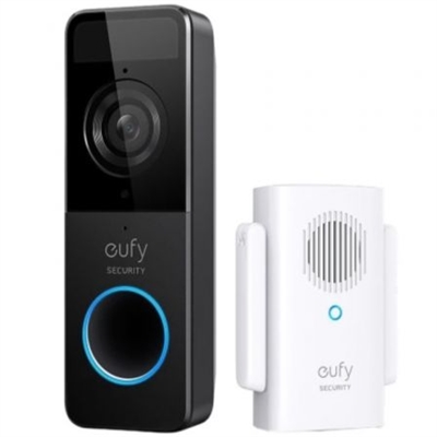 Eufy E8220311 Eufy Video Doorbell 1080p. Color del producto: Negro, Blanco, Mejores usos: Hogar, Código IP (International Protection): IP65. Máxima resolución de video: 1600 x 1200 Pixeles, Distancia de visión nocturna: 5 m, Formato de vídeo soportado: 1080p. Tecnología de conectividad: Inalámbrico, Frecuencia: 2400 MHz. Alimentación: Batería, Capacidad de batería: 5000 mAh, Duración de la batería: 4 mes(es). Timbre, ancho: 4,57 cm, Timbre, grosor: 2,79 cm, Timbre, altura: 13,2 cm