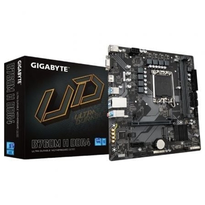 Gigabyte 9MB76MH4-00-10 Gigabyte B760M H DDR4 (rev. 1.0). Fabricante de procesador: Intel, Socket de procesador: LGA 1700, Procesador compatible: Intel® Celeron®, Intel® Pentium® Gold. tipos de memoria compatibles: DDR4-SDRAM, Memoria interna máxima: 64 GB, Tipo de ranuras de memoria: DIMM. Interfaces de disco de almacenamiento soportados: M.2, SATA III, Niveles RAID: 0, 1, 5, 10. Tipo de interfaz ethernet: Gigabit Ethernet. Componente para: PC, Factor de forma: micro ATX, Familia del chipset: Intel