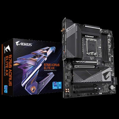 Gigabyte B760 AORUS ELITE AX G10 Gigabyte B760 AORUS ELITE AX (rev. 1.0). Fabricante de procesador: Intel, Socket de procesador: LGA 1700, Procesador compatible: Intel® Celeron®, Intel® Core™ i3, Intel® Core™ i5, Intel® Core™ i7, Intel® Core™ i9,.... tipos de memoria compatibles: DDR5-SDRAM, Memoria interna máxima: 128 GB, Tipo de ranuras de memoria: DIMM. Interfaces de disco de almacenamiento soportados: M.2, SATA III, Tipos de unidades de almacenamiento admitidas: HDD & SSD, Niveles RAID: 0, 1, 5, 10. Máxima resolución: 4096 x 2304 Pixeles. Tipo de interfaz ethernet: 2.5 Gigabit Ethernet, 5 Gigabit Ethernet, Estándar Wi-Fi: Wi-Fi 6E (802.11ax), Wi-Fi estándares: 802.11a, 802.11b, 802.11g, Wi-Fi 4 (802.11n), Wi-Fi 5 (802.11ac), Wi-Fi 6 (802.11ax), Wi-Fi 6E...