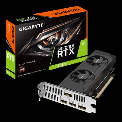 Gigabyte GV-N3050OC-6GL G10 Gigabyte GeForce RTX 3050 OC Low Profile 6G. Familia de procesadores de gráficos: NVIDIA, Procesador gráfico: GeForce RTX 3050, Frecuencia del procesador: 1477 MHz. Capacidad memoria de adaptador gráfico: 6 GB, Tipo de memoria de adaptador gráfico: GDDR6, Ancho de datos: 96 bit, Velocidad de memoria del reloj: 14000 MHz. Máxima resolución: 7680 x 4320 Pixeles. Versión DirectX: 12 Ultimate, Versión OpenGL: 4.6. Tipo de interfaz: PCI Express 4.0. Tipo de enfriamiento: Activo, Número de ventiladores: 2 Ventilador(es)