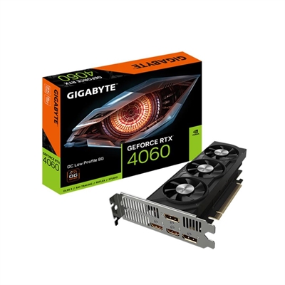 Gigabyte GV-N4060OC-8GL Gigabyte GeForce RTX 4060 OC Low Profile 8G. Familia de procesadores de gráficos: NVIDIA, Procesador gráfico: GeForce RTX­ 4060. Capacidad memoria de adaptador gráfico: 8 GB, Tipo de memoria de adaptador gráfico: GDDR6, Ancho de datos: 128 bit. Máxima resolución: 7680 x 4320 Pixeles. Versión DirectX: 12 Ultimate, Versión OpenGL: 4.6. Tipo de interfaz: PCI Express 4.0. Tipo de enfriamiento: Activo, Número de ventiladores: 3 Ventilador(es)