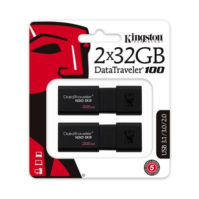Kingston DT100G3/32GB-2P Kingston Technology DataTraveler 100 G3. Capacidad: 32 GB, Interfaz del dispositivo: USB tipo A, Versión USB: 3.2 Gen 1 (3.1 Gen 1), Velocidad de lectura: 100 MB/s. Factor de forma: Deslizar, Color del producto: Negro