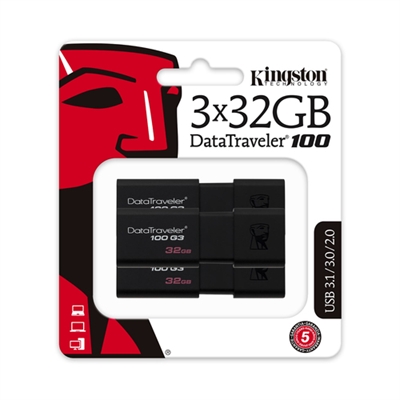 Kingston DT100G3/32GB-3P Kingston Technology DataTraveler 100 G3. Capacidad: 32 GB, Interfaz del dispositivo: USB tipo A, Versión USB: 3.2 Gen 1 (3.1 Gen 1), Velocidad de lectura: 100 MB/s. Factor de forma: Deslizar, Color del producto: Negro