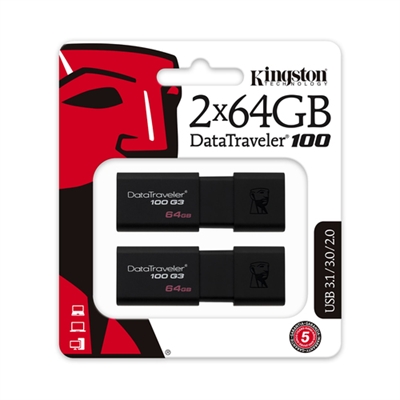 Kingston DT100G3/64GB-2P Pendrive 64Gb Usb 3.0 Dt100g3 Kit2 - Interfaz: Usb 3.0; Capacidad: 64 Gb; Velocidad Lectura: 100 Mb/S; Velocidad Escritura: 80 Mb/S; Color Primario: Negro