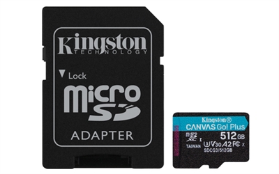 Kingston SDCG3/512GB Plasme la aventura con Go!Las tarjetas microSD Canvas Go! Plus de Kingston han sido diseñadas para los aventureros siempre a la búsqueda de los momentos perfectos para plasmar. Con sus elevadas velocidades de transferencia de hasta 170 MB/s*, las tarjetas microSD Canvas Go! Plus permiten agilizar los flujos de trabajo y mejorar la eficiencia para que tenga más tiempo para sacar a pasear su creatividad a la próxima aventura. Con velocidades U3 y V30 podrá filmar impresionantes videos 4K Ultra-HD sin preocuparse por velocidades lentas y corte de cuadros, así como tomar fotografías de acción en secuencias perfectas. La microSD Canvas Go! Plus es compatible con la categoría de rendimiento de aplicaciones A2 para agilizar sus flujos de trabajo con una mejora de la velocidad de aplicaciones en teléfonos inteligentes y tabletas. También puede adquirir un adaptador de SD opcional para una mayor versatilidad y compatibilidad con dispositivos SD. Vea al mundo como su lienzo y saque a pasear a su creatividad e inspiración con la tarjeta microSD Canvas Go! Plus.- Elevadas velocidades de transferencia de hasta 170 MB/s*- Ideal para cámaras de acción, drones y dispositivos Android- Velocidades U3 y V30- Compatible con la categoría de rendimiento de aplicaciones A2- Resistente* Basado en pruebas internas. El rendimiento puede variar en función del dispositivo anfitrión. Diseñado con tecnología patentada para alcanzar velocidades de lectura de hasta 170 MB/s, superiores a los 104 MB/s de la especificación UHS-I. Para alcanzar el máximo rendimiento se requiere el lector de tarjetas microSD MobileLite Plus.