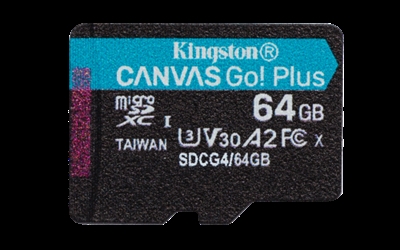Kingston SDCG4/64GBSP Para juegos para móviles, drones, cámaras deportivas y dispositivos Android™La tarjeta microSD Canvas Go! Plus de Kingston está diseñada para personas aventureras y amantes de los juegos para móviles que necesitan disponer de un alto rendimiento en cualquier lugar. Gracias a sus velocidades de transferencia ultrarrápidas de hasta 200 MB/s*, facilita tu flujo de trabajo y te permite pasar más tiempo creando y capturando contenido.Optimizada para cámaras deportivas y drones, las velocidades de la U3 y la V30 permiten grabar espectaculares vídeos en resolución 4K Ultra-HD de manera sencilla e ininterrumpida, incluso en situaciones trepidantes. Independientemente de si deseas documentar eventos de deportes extremos o sacar fotos y vídeos sobrecogedores, la Canvas Go! Plus te ofrece un rendimiento fiable y sin tirones.Para los entusiastas de los juegos para móviles, la compatibilidad con la categoría de rendimiento de aplicaciones A2 garantiza tiempos de carga de aplicaciones más rápidos y la posibilidad de jugar en smartphones y tabletas de manera fluida. Di adiós a los frustrantes tirones de rendimiento y disfruta de una experiencia de juego mejorada estés donde estés.Gracias al adaptador de SD opcional, la Canvas Go! Plus ofrece mayor versatilidad, lo que la hace compatible con una gran grama de dispositivos con SD.Velocidades superioresTransfiere y captura contenido en Full HD y 4K UHD más rápidamente con velocidades de hasta 200 MB/s.* Ideal para drones y cámaras deportivasAltas velocidades con las categorías de velocidad UHS 3 (U3) y velocidad de vídeo 30 (V30).Admite la categoría de rendimiento de aplicaciones A2Disfruta de tiempos de carga de aplicaciones más rápidos y de una experiencia de juego perfecta.
