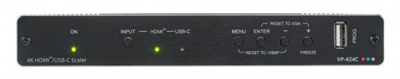 Kramer 72-042490 Kramer VP-424C Digital Scaler; 18G 4K HDMI to HDMI ProScale Digital Scaler with HDMI and USB-C inputs; upscaling or downscaling of HDMI and USB-C signals in any resolution up to 4K@60 (4:4:4:4); supports HDMI 2.0 and HDCP 2.2/1.4; features Input Auto-Switching, Constant Sync on output even if the input video signal is lost or interrupted; built-in ProcAmp for easy signal adjustment; Fast, smooth manual and automatic switching between sources; OSD menu and input selection on front panel; Technical data:; Input: 1x HDMI / 1x USB-C; Output: ; Max. Input resolution: 4K@60Hz (4:4:4) ; Max. Data rate: 18Gbps (6Gbps per graphic channel); Latency: 1-2 frames; Power supply: external power supply 5 V DC 1.8 A (included); Housing: aluminium; Cooling: convection; Dimensions: 18.8 x 11.5 x 2.5 cm; Weight: 0.5 kg,