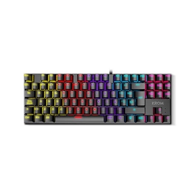 Krom NXKROMKASICTKL Kasic TKLKrom Kasic TKL es un teclado mecánico con formato TKL que tiene iluminación RGB y switches rojos de excelente calidad. Con tecnología anti-ghosting en 25 de sus teclas y bloqueo de la tecla Windows, este teclado es un buen aliado para los amantes de los teclados compactos.Teclado mecánico con switches redCon un tamaño reducido, Krom Kasic TKL cuenta con un formato que se adapta a cualquier setup. Sus switches de alta calidad ofrecen un buen rendimiento para que puedas disfrutar de tus juegos favoritos.Para que no tengas que preocuparte de pulsar la tecla Windows y abandonar la partida sin querer, este teclado mecánico de Krom permite jugar en “Modo Juego”, bloqueando dicha tecla. Además, posibilita intercambiar las teclas WASD y las de dirección.Por otro lado, gracias al sistema anti-ghosting que incluye en 25 de sus teclas, podrás pulsar varias de manera simultánea para ejecutar cualquier acción sin miedo a que el teclado no registre tus órdenes. Con Krom Kasic TKL serás más competitivo.Calidad superiorKrom Kasic TKL es un teclado muy compacto, pero también ultraligero, que ha sido diseñado con materiales de calidad, con unas teclas suaves al tacto y cómodas de pulsar, que responden de un modo eficaz.El cable con el que cuenta este teclado mecánico es de 150 cm de longitud, lo que te permitirá jugar con total libertad.El teclado Krom Kasic TKL es compatible con Windows 7/8/10: podrás jugar, pero también utilizarlo para estudiar o trabajar con fluidez.Iluminación para cada partidaKrom Kasic TKL cuenta con iluminación RGB y efecto Rainbow que recorre todas las teclas, así como distintos modos de iluminación. Podrás contar con iluminación en cada juego, visualizando las teclas perfectamente en la oscuridad de las partidas nocturnas.- 12 teclas multimedia- Teclado mecánico con interruptores de alta calidad, capacidad de hasta 25 teclas anti-ghosting y retroiluminación RGB Rainbow- Teclas WASD y de dirección intercambiables- Modo de juego: desactiva la tecla Windows