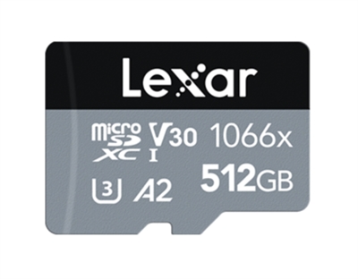 Lexar LMS1066512G-BNANG Lexar Professional 1066x. Capacidad: 512 GB, Tipo de tarjeta flash: MicroSDXC, Clase de memoria flash: Clase 10, Tipo de memoria interna: UHS-I, Velocidad de lectura: 160 MB/s, Velocidad de escritura: 120 MB/s, Clase de velocidad UHS: Class 3 (U3), Clase de velocidad de vídeo: V30. Funciones de protección: Resistente a golpes, Resistente a las vibraciones, Resistente al agua, A prueba de rayos X, Color del producto: Plata