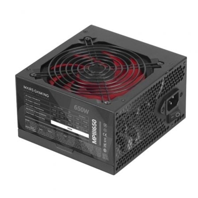 Mars-Gaming MPIII650 FUENTE DE ALIMENTACIÓN MPII650La MPII650 cuenta con 650W de potencia. Equípate con esta fuente y disfruta de la máxima eficiencia y el mínimo ruido.PRESTACIONES GAMINGLa fuente de alimentación MPII650 está preparada para procesadores Intel de cuarta generación Haswell. Su potencia de 650W y la eficiente tecnología de rail único de 12V garantizan un rendimiento extremadamente estable y potente.PFC ACTIVOSu corrección de potencia activa, con un 99% de eficiencia para una conversión estable y eficiente, compensa todas las fluctuaciones del suministro eléctrico.SEGURIDAD Y COMPATIBILIDADLos cables largos (6+2 PINx1, 1x 20+4 PIN, 1x 12V 4+4 PIN, 4xSATA, FDDx1, 4 PINx2) de la MPII650 ofrecen una compatibilidad total. Además, sus protecciones eléctricas y filtrado de grado industrial hacen que su funcionamiento sea totalmente seguro.CUMPLIENDO CON LA NORMATIVAEsta fuente ha sido fabricada conforme a las normas y directivas exigidas por la UE y cumple con la normativa ATX12V.DISEÑO ECOLÓGICOLa fuente de alimentación MPII650, de diseño ecológico y con una eficiencia extremadamente alta de hasta un 85% para el ahorro de energía y una larga vida, posee un diseño totalmente gaming gracias a su caja con recubrimiento negro mate y rejilla negra. Además, esta fuente cuenta con un ventilador de 12cm de alta calidad con aspas rojas, sistema antivibraciones y sistema inteligente de control de velocidad.CONTROL DE ENERGÍAPotencia total: 650 WVoltaje de entrada AC: 200 - 240 VFrecuencia de entrada AC: 50/60 HzCorriente de entrada: 7 ACorrección del factor de potencia tipo (PFC): ActivoPotencia combinada (3,3 V): 180 WPotencia combinada (+12 V): 456 WPotencia combinada (+5 V): 180 WPotencia combinada (-12V): 6 WPotencia combinada (+5 VSB): 12,5 WCorriente máxima de salida (+3.3V): 25 ACorriente máxima de salida (+12V): 38 ACorriente máxima de salida (+5V): 27 ACorriente máxima de salida (-12V): 0,5 ACorriente máxima de salida (+5Vsb): 2,5 AEficiencia: 85%Funciones de protección de poder: Sobretensión, Sobrevoltaje, Cortocircuito, Bajo voltajePUERTOS E INTERFACESAlimentador de energía para tarjeta madre: 20+4 pin ATXConectores de poder (4 pin) periferales (Molex): 2Número de conectores de energía SATA: 4Conectores de poder PCI Express (6 + 2 pin): 1DESEMPEÑOUtilizar con: PCFactor de forma de fuente de alimentación (PSU): ATXCertificación 80 PLUS: NoNivel de ruido: 14 dBDISEÑOColor del producto: NegroDiámetro de ventilador: 12 cmPESO Y DIMENSIONESAncho: 150 mmProfundidad: 145 mmAltura: 85 mmPeso: 1,3 kgEMPAQUETADOAncho del paquete: 238 mmProfundidad del paquete: 125 mmAltura del paquete: 205 mmTipo de embalaje: CajaDETALLES TÉCNICOSCertificados de sostenibilidad: CE, RoHS