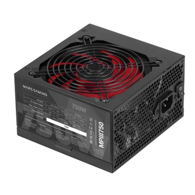 Mars-Gaming MPIII750 FUENTE DE ALIMENTACIÓN MPII750La MPII750 ofrece 750W de potencia y una máxima compatibilidad gracias a su cableado modular.CABLES MODULARESLa fuente de alimentación MPII750 dispone de un avanzado sistema de cableado modular para una máxima compatibilidad (1x 20+4 PIN, 1x 12V 4+4 PIN, 6x SATA, 4x PATA, 1x FDD, 2x 6+2 PIN PCI-E) y funciona con procesadores Intel de cuarta generación Haswell.RENDIMIENTOLa MPII750 tiene una potencia de 750W y cuenta con una eficiente tecnología de rail único de 12V para un rendimiento estable y potente. Además, sus protecciones eléctricas y filtrado de grado industrial hacen que su funcionamiento sea seguro.PFC ACTIVOLa fuente MPII750 dispone de corrección de potencia activa (PFC activo) con un 99% de eficiencia, para una conversión de energía estable y eficiente que compensa todas las fluctuaciones del suministro eléctrico.EFICIENCIALa MPII750 cuenta con un diseño ecológico y una eficiencia extremadamente alta de hasta un 85%, garantizando un gran ahorro de energía y una larga vida. Además, esta fuente está fabricada conforme a las normas y directivas exigidas por la UE, cumpliendo con la normativa ATX12V.SILENCIO Y DISEÑOEquipado con un ventilador de 12cm con control inteligente de la velocidad, sistema antivibraciones y sistema inteligente de control de velocidad, esta fuente genera 14dB de ruido, ofreciendo las máximas prestaciones de forma silenciosa. El diseño con caja negra y aspas rojas de esta fuente la hace ideal para completar tu PC gaming.