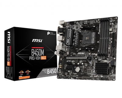 Msi 911-7A38-043 MSI B450M PRO-VDH Max. Fabricante de procesador: AMD, Socket de procesador: Zócalo AM4, Procesador compatible: AMD Athlon, AMD Ryzen™ 3, 2nd Generation AMD Ryzen™ 3, 3rd Generation AMD Ryzen™ 3, AMD.... tipos de memoria compatibles: DDR4-SDRAM, Memoria interna máxima: 64 GB, Tipo de ranuras de memoria: DIMM. Interfaces de disco de almacenamiento soportados: SATA III, Niveles RAID: 0, 1, 10. Tipo de interfaz ethernet: Gigabit Ethernet, Controlador LAN: Realtek 8111H. Componente para: PC, Factor de forma: micro ATX, Familia del chipset: AMD