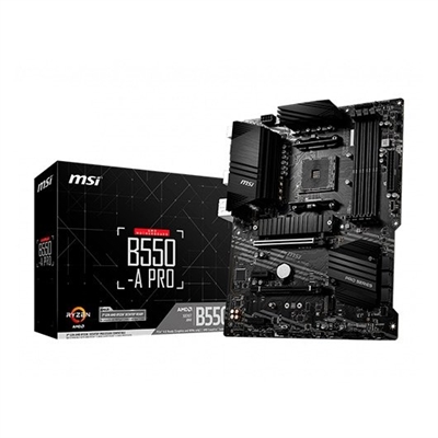 Msi 911-7C56-08S MSI B550-A PRO. Fabricante de procesador: AMD, Socket de procesador: Zócalo AM4, Procesador compatible: AMD Ryzen 3 3rd Gen, 3rd Generation AMD Ryzen 5, 3rd Generation AMD Ryzen 7, 3rd Generation AMD.... tipos de memoria compatibles: DDR4-SDRAM, Tipo de ranuras de memoria: DIMM, Velocidades de reloj de memoria soportadas: 1866,2133,2400,2667,2800,2933,3000,3066,3200,3466,3600,3733,3866,4000,4133,4266,4400,4800 MHz. Interfaces de disco de almacenamiento soportados: Serial ATA III, Tipos de unidades de almacenamiento admitidas: HDD & SSD. Soporte para proceso paralelo: 2-Way CrossFireX, Memoria máxima de adaptador de gráficos: 16000 MB, Máxima resolución: 4096 x 2160 Pixeles. Tipo de interfaz ethernet: Gigabit Ethernet, Controlador LAN: Realtek 8111H