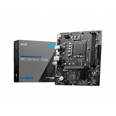 Msi 911-7D48-007 MSI PRO H610M-E DDR4. Fabricante de procesador: Intel, Socket de procesador: LGA 1700, Procesador compatible: Intel® Core™ i9. tipos de memoria compatibles: DDR4-SDRAM, Memoria interna máxima: 64 GB, Tipo de ranuras de memoria: DIMM. Interfaces de disco de almacenamiento soportados: M.2, SATA III, Tipos de unidades de almacenamiento admitidas: HDD & SSD. Tipo de interfaz ethernet: Gigabit Ethernet. Componente para: PC, Factor de forma: micro ATX, Familia del chipset: Intel