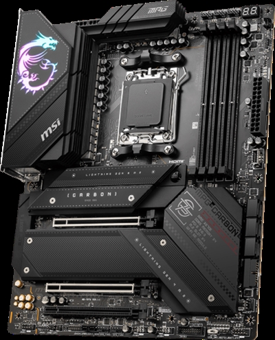 Msi 911-7E16-003 a MPG X670E CARBON WIFI cuenta con un diseño en negro carbón y la iluminación RGB mostrando un estilo e identidad diferente. Además de ser elegante, también es potente.