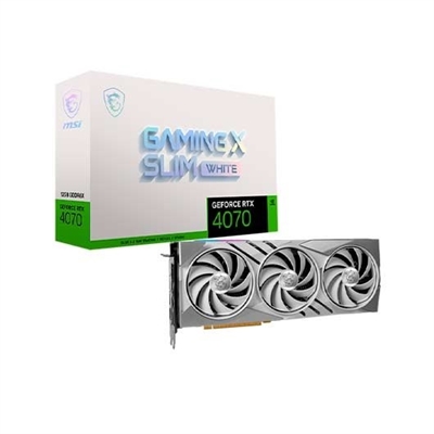 Msi 912-V513-274 MSI GAMING GeForce RTX 4070 X SLIM WHITE 12G. Familia de procesadores de gráficos: NVIDIA, Procesador gráfico: GeForce RTX 4070. Capacidad memoria de adaptador gráfico: 12 GB, Tipo de memoria de adaptador gráfico: GDDR6X, Ancho de datos: 192 bit. Máxima resolución: 7680 x 4320 Pixeles. Versión DirectX: 12 Ultimate, Versión OpenGL: 4.6. Tipo de interfaz: PCI Express 4.0. Tipo de enfriamiento: Activo, Número de ventiladores: 3 Ventilador(es)