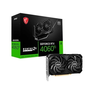 Msi 912-V515-017 MSI VENTUS GeForce RTX 4060 Ti 2X BLACK 8G OC. Familia de procesadores de gráficos: NVIDIA, Procesador gráfico: GeForce RTX 4060 Ti. Capacidad memoria de adaptador gráfico: 8 GB, Tipo de memoria de adaptador gráfico: GDDR6, Ancho de datos: 128 bit. Máxima resolución: 7680 x 4320 Pixeles. Versión DirectX: 12 Ultimate, Versión OpenGL: 4.6. Tipo de interfaz: PCI Express 4.0. Tipo de enfriamiento: Activo, Número de ventiladores: 2 Ventilador(es)