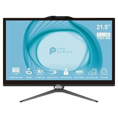 Msi 9S6-AC0111-020 MSI Pro AP222T 13M-001EU. Tipo de producto: PC todo en uno. Diagonal de la pantalla: 54,6 cm (21.5), Tipo HD: Full HD, Resolución de la pantalla: 1920 x 1080 Pixeles, Pantalla táctil, Tipo de pantalla: IPS. Familia de procesador: Intel® Core™ i5. Memoria interna: 8 GB, Tipo de memoria interna: DDR4-SDRAM. Capacidad total de almacenaje: 256 GB, Unidad de almacenamiento: SSD. Modelo de adaptador gráfico incorporado: Intel UHD Graphics 730. Cámara incorporada. Sistema operativo instalado: Windows 11 Pro. Color del producto: Negro