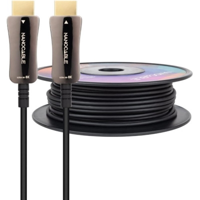 Nanocable 10.15.2130 Cable HDMI V2.1 AOC 8K@60Hz 4K@120Hz 48Gbps A/M-A/M, Negro, 30 m.Cable HDMI V2.1 AOC con conector tipo A macho en ambos extremos. IMPORTANTE: Este cable es UNIDIRECCIONAL, tiene que ser instalado de forma correcta para su funcionamiento. Consulte la información que aparece en ambos conectores del cable.