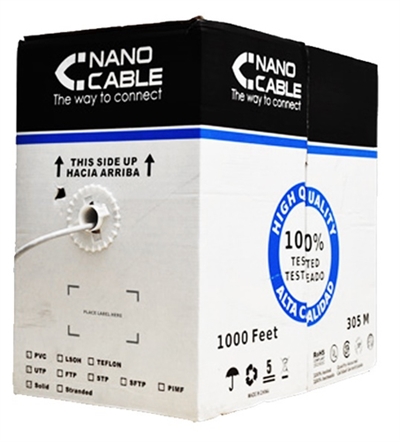 Nanocable 10.20.0304 Especificaciones Técnicas Bobina Cable De Red Cat. 5E Utp Awg24 Rígido Calidad Garantizada Cumple Las Normas Ansi / Tia / Eia 568 2 Cat5e, Iso / Iec 80 (2Nd Edition), Cenelec En 5073 Ien 656 Resistencia A La Propagación De Las Llamas Según Iec 60332 Longitud: 305 Metros Color: Gris Normativas: Rohs Test De Funcionamiento: 00% Testado &Nbsp, Bobina Cable De Red Cat. 5E Utp Awg24 Bobina De Interior 305 Metros Gris Las Diferencias En Un Cable Se Descubren Dentro De Él. En Nanocable Fabricamos Combinando Alta Tecnología, Materiales De Primera Calidad Y Un Exhaustivo Control De Calidad. Los Cables Se Prueban Y Verifican Al 00%, Garantizando Un Perfecto Funcionamiento En Tareas De Alta Exigencia. &Nbsp, Características: Bobina Cable De Red Cat. 5E Utp Awg24 Rígido Calidad Garantizada Cumple Las Normas Ansi / Tia / Eia 568-B, 2 Cat5e, Iso / Iec 80 (2Nd Edition), Cenelec En 5073-, Ien 656-5, Cenelec En 50288-3-, Iec 656-6, Cenelec En 50288-3-2 Resistencia A La Propagación De Las Llamas Según Iec 60332--2