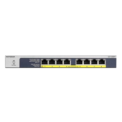 Netgear GS108PP-100EUS Switch De Red No Gestionable (8 Puertos Gigabit Eternet Poe+ Consumo Poe 120 W Con Montaje En Pared O Bastidor) Color Gris - Puertos Lan: 8 N; Tipo Y Velocidad Puertos Lan: Rj-45 10/100/1000 Mbps; Power Over Ethernet (Poe): Sí; Gestión: Unmanaged; No. Puertos Uplink: 0; Soporte Routing: No; No. Puertos Poe: 8