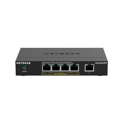 Netgear GS305PP-100PES Netgear S Cost-Effective 5-Port Gigabit Ethernet Poe+ Unmanaged Switchwith 83W Total Budget Is Ideal For The Home Small Offices Or Small - Puertos Lan: 4 N; Tipo Y Velocidad Puertos Lan: Rj-45 10/100/1000 Mbps; Power Over Ethernet (Poe): Sí; Gestión: Unmanaged; No. Puertos Uplink: 1; Soporte Routing: No; No. Puertos Poe: 4