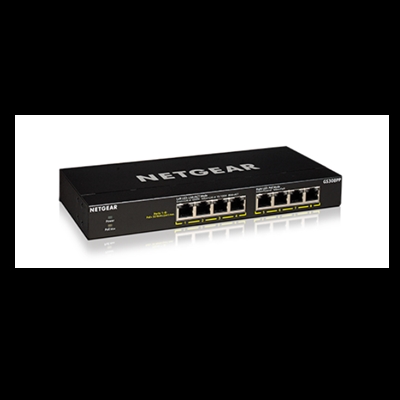 Netgear GS308PP-100EUS Prosafe Switch 8 Puertos Gigabit Poe+ (Poe Budget 83W Pero      Actualizable A 123W Con Flexpoe). Incluye Kit De Rack Y De Pared. - Puertos Lan: 8 N; Tipo Y Velocidad Puertos Lan: Rj-45 10/100/1000 Mbps; Power Over Ethernet (Poe): Sí; Gestión: Unmanaged; No. Puertos Uplink: 0; Soporte Routing: No; No. Puertos Poe: 8