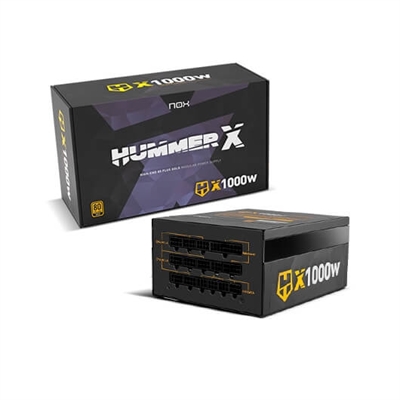 Nox NXHUMMERX1000WGD HUMMER X1000 W GOLD EDITIONNox Hummer X 1000W Gold Edition es una fuente diseñada para aquellas configuraciones de altas prestaciones que montan las nuevas tarjetas gráficas. Con Certificación 80 Plus Gold, esta fuente de alimentación completamente modular cuenta con un ultrasilencioso ventilador de 120 mm con regulador de velocidad integrado.CERTIFICACIÓN 80 PLUS GOLDLa fuente de alimentación Nox Hummer X 1000W Gold Edition es una fuente diseñada para tarjetas gráficas de alto consumo. Cuenta con condensadores electrolíticos japoneses de alta gama, unos componentes premium que permiten una potencia real con voltaje estable y fiabilidad en el tiempo**.Construida en materiales de alta calidad, Nox Hummer X 1000W Gold Edition cuenta con Certificación 80 Plus Gold, lo que garantiza una eficiencia mínima del 90 % que ayuda a reducir el consumo eléctrico, contribuyendo al ahorro.POTENCIA ULTRASILENCIOSAEsta fuente de 1000 vatios completamente modular ofrece un gran control del voltaje y un funcionamiento ultrasilencioso. Nox Hummer X 1000W integra un ventilador potente y de baja sonoridad de 120 mm que reduce de manera efectiva el calor y garantiza un rendimiento sobresaliente.El ventilador que integra la fuente de alimentación es un ventilador inteligente que se activa solo cuando es necesario, adaptándose a las diferentes necesidades del equipo.CONTROL DE ENERGÍAPotencia total: 1000 WVoltaje de entrada AC: 100 - 240 VFrecuencia de entrada AC: 47 - 63 HzCorriente de entrada: 6 - 12 ACorrección del factor de potencia tipo (PFC): ActivoPotencia combinada (3,3 V): 100 WPotencia combinada (+12 V): 972 WPotencia combinada (+5 V): 100 WPotencia combinada (-12V): 2,4 WPotencia combinada (+5 VSB): 15 WCorriente máxima de salida (+3.3V): 20 ACorriente máxima de salida (+12V): 81 ACorriente máxima de salida (+5V): 20 ACorriente máxima de salida (-12V): 0,2 ACorriente máxima de salida (+5Vsb): 3 AEficiencia: 90%Funciones de protección de poder: Sobretensión, Sobrevoltaje, Cortocircuito, Bajo voltajePUERTOS E INTERFACESAlimentador de energía para tarjeta madre: 24-pin ATXConectores de poder (4 pin) periferales (Molex): 4Longitud del cable de alimentación de la placa base: 57 cmNúmero de conectores de energía SATA: 9Longitud del cable de alimentación SATA: 530 mmConectores de poder PCI Express (6 + 2 pin): 4Longitud del cable de alimentación PCI Express: 53 cmConector de potencia ATX (24 pines): SiDESEMPEÑOUtilizar con: PCCertificación 80 PLUS: 80 PLUS GoldVersión ATX: 2.31Versión EPS: 2.92Modo silencioso: SiDISEÑOColor del producto: NegroTipo de enfriamiento: ActivoDiámetro de ventilador: 12 cmNúmero de ventiladores: 1 Ventilador(es)Ubicación de ventilador: SuperiorInterruptor de encendido/apagado integrado: SiCONTENIDO DEL EMBALAJECables incluidos: PCIe, Peripheral (Molex), SATAPESO Y DIMENSIONESAncho: 150 mmProfundidad: 161 mmAltura: 87 mmPeso: 2,25 kg