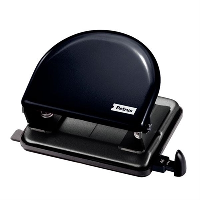 Petrus 33707 Taladro De Oficina Metalico De Color Negro. Tiene 2 Punzones Con Diametro De 55 Mm Y Su Capacidad De Perforacion Es De 20 Hojas. Incorpora Una Regleta De Guia.