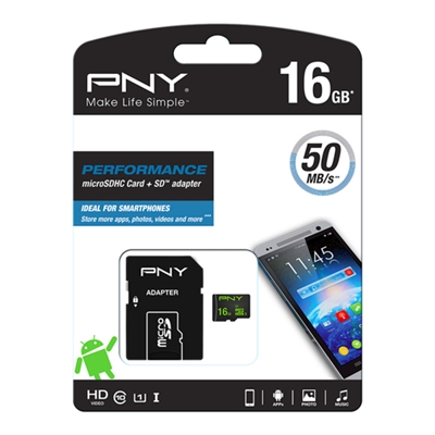 Pny SDU16GPER50-EF PNY Performance. Capacidad: 16 GB, Tipo de tarjeta flash: MicroSDHC, Clase de memoria flash: Clase 10, Tipo de memoria interna: UHS-I, Velocidad de lectura: 50 MB/s. Color del producto: Negro