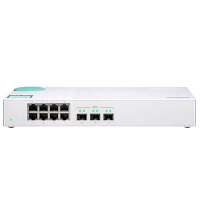 Qnap QSW-308S El QSW-308S es un switch no gestionado de 3 puertos 10 G SFP+ y 8 puertos Gigabit, que le permite integrarse al instante en un entorno híbrido de red de alta velocidad a un precio económico. Con su tamaño de escritorio y funcionamiento silencioso, el QSW-308S se integra perfectamente en hogares y oficinas a la vez que ofrece un gran rendimiento, baja latencia y una extraordinaria funcionalidad.El QSW-308S proporciona tres puertos 10 GbE SFP+ y ocho puertos Gigabit para conectar varios dispositivos y habilitar una red híbrida de alta velocidad en hogares y oficinas. Con las interfaces SFP+, se pueden utilizar cables de cobre de conexión directa (DAC) para conectar directamente a dispositivos SFP+. También puede utilizar módulos de transceptor de cobre 10 G-SFP-T para conectar dispositivos 10GBASE-T/NBASE-T a través del cableado RJ45 de Categoría 6, 5 o 5e. La capacidad de conmutación de QSW-308S es de 76 Gbps, lo que garantiza el máximo potencial de cada puerto.