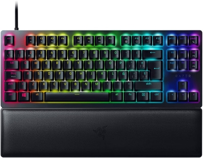 Razer RZ03-03940900-R311 Teclado razer huntsman v2 tenkeyless red switch espanol con switches ópticos lineales Razer de 2.ª generación para un accionamiento ultrarrápido y un tecleo suave y silencioso: Mejorados con amortiguadores de sonido para disfrutar de una experiencia de tecleo aún más silenciosa, estos switches suaves y consistentes ahora también son más sensibles, con una tasa de sondeo de hasta 8000 Hz para una latencia de entrada más baja. Espuma amortiguadora del sonido para un sonido de teclado mejorado: El Razer Huntsman V2 TKL tiene fundas con interior de espuma especial, añadida para una acústica mejorada, que absorbe todos los sonidos metálicos que puedan producirse al pulsar a fondo las teclas. Teclas de PBT de doble inyección para un acabado robusto y texturizado: Gracias al proceso de moldeado de doble inyección, estas teclas más rígidas y duraderas que las teclas tradicionales no se desgastan ni terminan con un acabado brillante y cuentan con etiquetas que no se borran. Lleva un cable tipo C desmontable para instalar y guardar tu teclado fácilmente. Conecta tu teclado y juega al instante sin molestias en tus LAN parties y torneos, gracias al cierre de seguridad que mantiene el cable conectado durante toda la partida. Reposamuñecas ergonómico para disfrutar de una comodidad duradera mientras juegas: El apoyo robusto se alinea a la perfección al teclado para descargar la presión de las muñecas, de forma que te sientas menos cansado cuando juegas durante mucho tiempo. Memoria híbrida local y almacenamiento en la nube para un acceso personalizado a los ajustes estés donde estés: Estate siempre preparado para la partida gracias a la posibilidad de guardar y activar hasta 5 perfiles de memoria integrada, además de la biblioteca de macros y ajustes que puedes crear y aprovechar desde el almacenamiento en la nube.