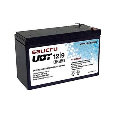 Salicru 013BS000002 Las baterías de la serie UBT de Salicru son acumuladores de energía altamente potentes y compactos, basados en sistemas recargables de plomo-dióxido de plomo, y son especialmente óptimos para las aplicaciones de Sistemas de Alimentacion Ininterrumpida SAI/UPS y otros sistemas de seguridad que requieren de un back-up de energía fiable y de calidad. La gama de baterías UBT de Salicru incluye los modelos de 4,5 Ah, 7 Ah, 9 Ah, 12 Ah y 17 Ah, todos a 12 V. El electrolito de ácido sulfúrico se encuentra absorbido por los separadores y placas. Y éstas a su vez inmovilizadas. Están diseñados utilizando la tecnología de recombinación de gas que elimina la necesidad para la adición regular de agua mediante el control de la evolución de hidrógeno y oxígeno durante la carga. La batería está completamente sellada y hermética y por lo tanto es libre de mantenimiento, permitiendo ser utilizada en cualquier posición. En el caso que accidentalmente la batería sea sobrecargada produciendo hidrógeno y oxígeno, unas válvulas especiales unidireccionales permiten que los gases salgan al exterior evitando la sobrepresión en su interior.
