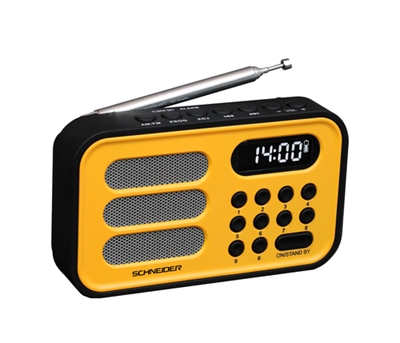 Schneider SC150ACLYEL Comodidad y fiabilidad, el diseño de tipo retro de la Radio digital HANDY MINI se presenta bajo la forma de un despertador.Un diseño muy cuidado y atractivo, perfecto para la cocina, el dormitorio o en el salón.Despierte con su emisora de radio favorita o zumbador integrado. Esta unidad también tiene funciones de repetición.Las dimensiones compactas de la radio digital HANDY MINI facilitan su colocación sobre mesillas de noche, estanterías estrechas o entornos de trabajo con poco espacio. La posibilidad de funcionamiento a pilas permite su uso como aparato portátil.