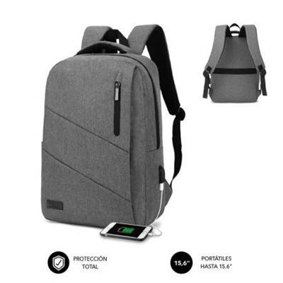 Subblim SUB-BP-2BL2000 La mochila para portátil Subblim City Backpack de 15,6” resulta imprescindible en todos tus viajes o desplazamientos. Facilita el transporte de tu ordenador de forma segura gracias al exclusivo compartimento acolchado así como los diferentes bolsillos para los accesorios más utilizados y documentos. Su comodidad en el transporte está asegurada gracias a sus correas para el hombro que distribuyen uniformemente el peso en la espalda así como el asa de mano acolchada. Con un diseño actual y funcional, ha sido fabricada con unos resistentes materiales que repelen el agua. Cuenta con un puerto externo de carga USB para que puedas suministrar energía a tus dispositivos.Mochila para Portátil CITY Lock 15.6? GreyUna imprescindible en todos tus viajes o desplazamientosWater ResistEl material de poliéster Oxford con el que está fabricada tiene la propiedad de repeler el agua evitando que se moje todo lo que llevas en su interior.Puerto USBPermite conectar con el Power Bank ( no incluido ) y recargar tus dispositivos móviles ( Smarphone, Tablet, ebook, etc. ) para poder seguir usarlos mientras carga.TransporteGracias al asa de mano y las correas de hombro ergonómicas y acolchadas ofrece una máxima comodidad en su transporte.