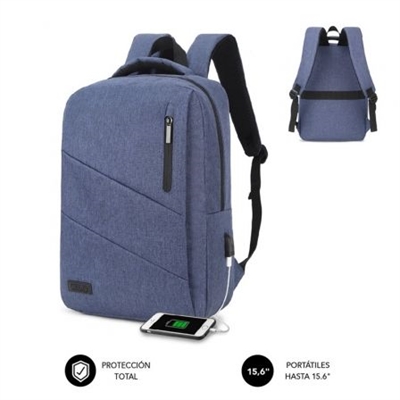 Subblim SUB-BP-2BL2001 La mochila para portátil Subblim City Backpack de 15,6” resulta imprescindible en todos tus viajes o desplazamientos. Facilita el transporte de tu ordenador de forma segura gracias al exclusivo compartimento acolchado así como los diferentes bolsillos para los accesorios más utilizados y documentos. Su comodidad en el transporte está asegurada gracias a sus correas para el hombro que distribuyen uniformemente el peso en la espalda así como el asa de mano acolchada. Con un diseño actual y funcional, ha sido fabricada con unos resistentes materiales que repelen el agua. Cuenta con un puerto externo de carga USB para que puedas suministrar energía a tus dispositivos.Mochila para Portátil CITY Lock 15.6? BlueUna imprescindible en todos tus viajes o desplazamientosWater ResistEl material de poliéster Oxford con el que está fabricada tiene la propiedad de repeler el agua evitando que se moje todo lo que llevas en su interior.Puerto USBPermite conectar con el Power Bank ( no incluido ) y recargar tus dispositivos móviles ( Smarphone, Tablet, ebook, etc. ) para poder seguir usarlos mientras carga.TransporteGracias al asa de mano y las correas de hombro ergonómicas y acolchadas ofrece una máxima comodidad en su transporte.