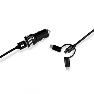 Subblim SUB-CHG-4CC002 SUMINISTRA CORRIENTE RÁPIDAMENTE A DOS DISPOSITIVOS DE FORMA SIMULTÁNEACon este cargador para el coche, de dos puertos y el cable incluido que dispone de los tres conectores más comunes del mercado podrás mantener tus dispositivos siempre cargados de la forma más sencilla. El puerto USB-A universal funciona con smartphones, tabletas, baterías externas, cámaras digitales y muchos otros dispositivos. Con una amplia salida total de 2.4A podrás suministrar corriente a dos dispositivos simultáneamente de forma rápida.SE INCLUYE UN CABLE DE CARGA Y TRANSFERENCIA DE DATOS Gracias a los tres conectores más utilizados en el mercado podrás cargar con un solo cable cualquier dispositivo con conector Micro USB, Type C o Lightning mediante adaptadores intercambiables.Además, con los conectores metálicos mate y cubierta exterior trenzada este cable cuenta con un aspecto que es a la vez elegante y moderno. Diseñado para soportar un uso intenso el cable 3 en 1 Micro USB+Type C+Lightning a USB A es idóneo para tu estilo de vida activo y móvil. Incluye un organizador de cable para llevarlo siempre recogido y protegido. Ha sido sometido a ensayos de dobladura de 90° hasta un total de 10.000 veces