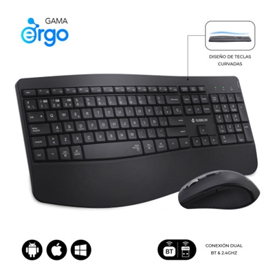 Subblim SUBKBC-DCOPW2 Descubre la experiencia definitiva en ergonomía y usabilidad con el Combo Dual Prowave de SUBBLIM, un pack de teclado y ratón ergonómicos que cuidan tu salud postural y multiplican tu productividad. Diseñado para quienes pasan largas horas frente al ordenador, te ayuda a mantener una postura más cómoda y natural, reduciendo la fatiga en las muñecas a la vez que mejora la precisión en tus tareas diarias. Gracias a su conectividad avanzada, su diseño inteligente y sus múltiples prestaciones, disfrutarás de un entorno de trabajo o de ocio sumamente eficiente, silencioso y adaptable a cualquier espacio. Con el Combo Dual Prowave, SUBBLIM pone al alcance de tu mano la perfecta combinación de confort, rendimiento y versatilidad, para que disfrutes de una jornada más relajada y productiva.CARACTERÍSTICAS:Diseño Ergonómico del Teclado. El teclado ergonómico cuenta con una forma ligeramente curva que guía tus manos hacia la posición natural. Su reposamuñecas integrado reduce la tensión en la parte baja de las manos, manteniéndolas elevadas para evitar presiones innecesarias. Además, presenta dos ángulos de inclinación (4° y 8°) para que lo ajustes según tu comodidad. Ideal para tareas intensivas de mecanografía, este diseño te garantiza una experiencia más confortable a lo largo de toda la jornada.Teclas Cóncavas y Silenciosas. Cada tecla está diseñada con una superficie cóncava que dirige tus dedos al centro, minimizando errores involuntarios. Gracias a su estructura de alta calidad, obtendrás un tacto firme y silencioso en cada pulsación, haciendo que teclear sea un placer incluso en entornos compartidos o silenciosos.Conexión Dual Multidispositivo. Uno de los grandes atractivos del Combo Dual Prowave es su versatilidad de uso. Incorpora Bluetooth 5.3 y un receptor USB 2.4G, lo que te permite conectar hasta tres dispositivos de manera simultánea. Con solo pulsar el botón correspondiente (BT1, BT2 o 2.4G), el teclado y ratón inalámbricos se vinculan al instante con el dispositivo que elijas: PC, portátil, tablet o smartphone.Estilo elegante y compacto con sección numérica.Baterías Recargables y Ahorro de Energía. Olvídate de cambiar pilas. Tanto el teclado como el ratón cuentan con baterías de litio recargables (800 mAh en el teclado y 500 mAh en el ratón), garantizando horas de uso continuo. Además, integran un sistema de suspensión automática para optimizar la duración de la batería, reactivándose en solo 2-3 segundos al presionar cualquier tecla.Teclado Numérico y Orificios de Drenaje. Para quienes trabajan con datos y números, el teclado numérico simplifica la introducción de información en hojas de cálculo y programas de contabilidad. Asimismo, los orificios de drenaje protegen los componentes de derrames accidentales, prolongando la vida útil del teclado y evitando averías no deseadas.Ratón Ergo Inalámbrico. El pack se completa con un ratón ergonómico, pensado para adaptarse a la perfección a la mano derecha. Dispone de botones laterales de “Avanzar” y “Retroceder” y un tacto suave con clic silencioso. Además, puedes ajustar su DPI entre 800/1200/1600/3200 para obtener la sensibilidad y precisión que mejor se ajuste a tu estilo de trabajo o juego.
