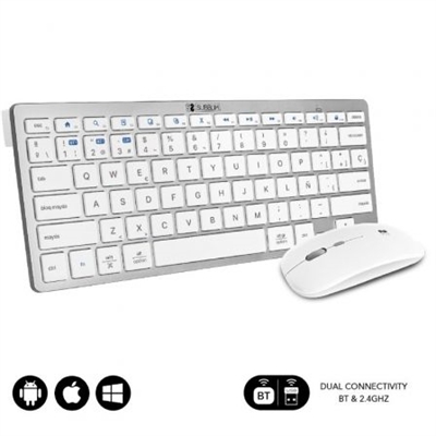Subblim SUBKBC-OCO010 Crea un espacio minimalista, moderno y silencioso con la compacta combinación con tecnología inalámbrica Bluetooth y además por radio frecuencia 2.4G. El Combo Multidispositivo de Subblim, compuesto de un teclado y un ratón de diseño avanzado de alta precisión de hasta 1600DPI, son perfectos para hacer las tareas con eficacia y permite una productividad constante.El tamaño de la combinación facilita el trabajo en los espacios de escritorio más reducidos y resulta la pareja perfecta para usarlos cuando estás de viaje o en reuniones de trabajo.Triple conexión. El Combo de Subblim es ideal si deseas disfrutar de la libertad de trabajar con varios dispositivos a la vez. Su funcionalidad de emparejamiento triple le permite conectar hasta tres dispositivos al teclado, dos mediante tecnología inalámbrica Bluetooth y otro mediante radio frecuencia 2.4G. Podrás conectar de forma simultánea el Ordenador portátil, el teléfono móvil y la Tablet cambiando entre ellos de una forma muy sencilla.Práctico Control. Con doce teclas de funciones multimedia*, tendrás accesos directos a tus funciones favoritas al alcance de tu mano. Cambia fácilmente entre las funciones más utilizadas para cada sistema operativo, ya sea a tu PC con Windows, iPhone o dispositivo Android. Tendrás acceso rápido a los controles del dispositivo para iOS y Android, como el botón de inicio, activar la función de búsqueda, tomar instantáneas, controlar tus medios o bloquear tu dispositivo. *La compatibilidad de las teclas de función varía según el sistema operativoDiseño ergonómico y silencioso. El mecanismo de tijera de las teclas hace que escribir sea cómodo y muy receptivo. El ángulo del teclado proporciona soporte para la muñeca para un trabajo sin dolor durante largos períodos de tiempo. El mouse silencioso y su clic muy suave garantizan un ambiente tranquilo y sereno.Estilo elegante y compacto. Las teclas son planas y elegantes, estilo Mac. Este diseño ahorra espacio en su escritorio. El mouse, con su línea elegante y acabado plano, agrega un toque de elegancia a su escritorio.Ratón. El elegante ratón inalámbrico con batería de litio recargable de alta duración, tiene 3 niveles de DPI ajustables (800/1200/1600), para que pueda elegir la velocidad correcta del puntero en función de sus actividades como por ejemplo trabajo, juegos o uso en una pantalla de TV.