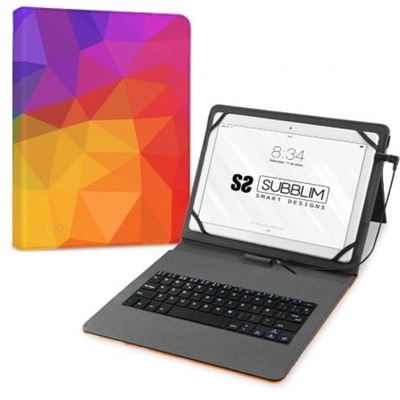 Subblim SUBKT1-USB053  Teclado integrado en Español con cable de conexión Micro USB para Tablet de 9,6”/10,1”/10,3”/10,6” y hasta 11”. Conector Micro USB con Adaptador Type C Incluido. Compatible con dispositivos Android™. Uso con Samsung Tab A8, A7, Lenovo Tab M10, M10 FHD, Huawei, Xiaomi, TCL, SPC, Denver, Alcatel. Resistente material exterior con acabado en PU. El diseño de triángulos geométricos con la combinación de colores ideal le dará un toque especial y muy moderno a tu Tablet. Acceso exclusivo a los botones y puerto de carga. Sistema de cierre mediante banda elástica para un transporte seguro.
