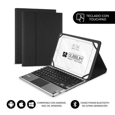 Subblim SUB-KT2-BTP001 Este Teclado Bluetooth con TouchPad activo extraíble de Subblim va acompañado de una funda de alta calidad válida con todas las Tablet del mercado con tamaños de 9 a 10,1”. Posee una conectividad perfecta con cualquier dispositivo compatible con la tecnología Bluetooth permitiendo una rápida y cómoda escritura. El sistema de resorte debajo de cada tecla asegura una respuesta táctil con cada golpe, lo que le ayuda a escribir más rápido y con menos errores que en una pantalla táctil. La funda con un diseño Ultradelgado agrega la máxima protección en un mínimo espacio. Encuentra el ángulo adecuado en modo horizontal con el soporte ajustable que se personaliza según sus preferencias personales de visualización. Se puede acceder a todas las funciones de la Tablet incluso con la funda puesta. Esta funda versátil y protectora de Subblim presenta un teclado extraíble que le permite cambiar entre el trabajo y el juego con facilidad en cualquier lugar donde lo uses.TOUCHPADCon el Touchpad incorporado, puedes pulsar, deslizar, pellizcar o separar uno o varios dedos para realizar acciones que te resultarán útiles. Hay hasta 10 posibilidades de combinación diferentes para obtener un máximo rendimiento. Usa tu Tablet como un ordenador con el Active Touchpad que incorpora el teclado Bluetooth. Ultra Slim DesignEs el teclado Bluetooth con funda universal más fino y ligero del mercado y fabricada con los mejores materiales.Magnetic SystemEl teclado Bluetooth es extraíble y se adhiere a la funda mediante un sistema de potentes imanes. El sistema de cierre es también mediante una solapa magnética.