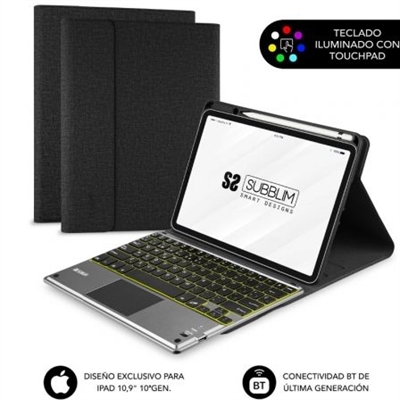 Subblim SUBKT4-BTPI02 Exclusivo para el Ipad 10,9 10a Gen.Ya puedes trabajar como un profesional y obtener el máximo rendimiento de tu iPad gracias a este Teclado Bluetooth de última generación que incorpora TouchPad ultrapreciso (necesario sistema iOS 13 o superior) y teclas Retroiluminadas en 7 colores para poder utilizarlo en condiciones de baja iluminación ambiental. Navega por tu iPad con los movimientos y gestos que ya conoces o mueve el puntero para editar fácilmente documentos o presentaciones.La carcasa posterior está hecha de material Termoplástico que además de ofrecer una gran protección contra los golpes también tiene la capacidad de bajar la temperatura del iPad mejorando su rendimiento. Podrás visualizar vídeos y películas ya que cuenta con múltiples ángulos de posición. En el molde exclusivo de fácil instalación, incorpora un espacio para transportar el Apple Pencil. Se puede acceder a todas las funciones de la Tablet incluso con la funda puesta gracias a unos ajustes exclusivos y perfectamente posicionados.La baterías de Litio de larga duración que incorpora el Teclado Bluetooth te permitirá trabajar durante largos periodos de tiempo y la puedes recargar mediante el puerto Type C.TouchpadUsa tu iPad como si fuera un Mac con el Active Touchpad que incorpora el teclado Bluetooth y que puedes utilizar si tienes el sistema iOS 13 o superior. Puedes pulsar, deslizar, pellizcar o separar uno o varios dedos para realizar acciones que te resultarán útiles. Hay hasta 10 posibilidades de combinación diferentes para obtener un máximo rendimientoTeclado retroiluminadoDispone de 7 colores para que elijas el que más se adapta a tus necesidades en función de la iluminación ambiental. Puedes controlar tanto el brillo como el color con dos teclas exclusivas para elloUltra Slim DesignEs el teclado Bluetooth con funda Exclusiva para el Ipad 10,9 10a Gen más fino y ligero del mercado y fabricada con los mejores materiales.Magnetic SystemEl teclado Bluetooth es extraíble y se adhiere a la funda mediante un sistema de potentes imanes. También el sistema de cierre es mediante una solapa magnética.Slot Apple PencilDispone de un exclusivo Slot para transportar el Apple Pencil con total tranquilidad y protección